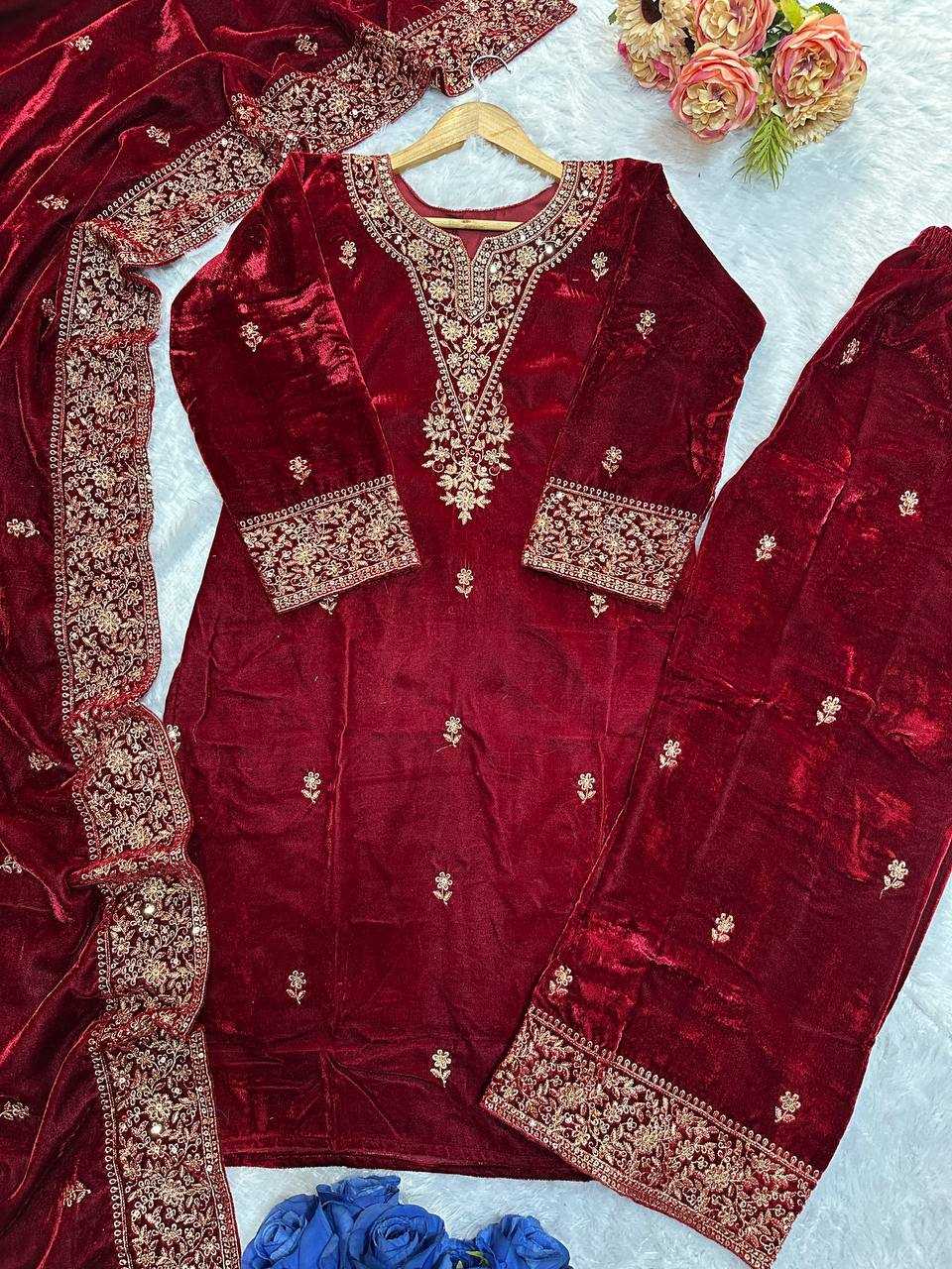 YNF VELVET KESH147 235 SUITS & DRESSES WHOLESALE EMBROIDERED PARTY WEAR VELVET SUITS MANUFACTURER - Deevit International