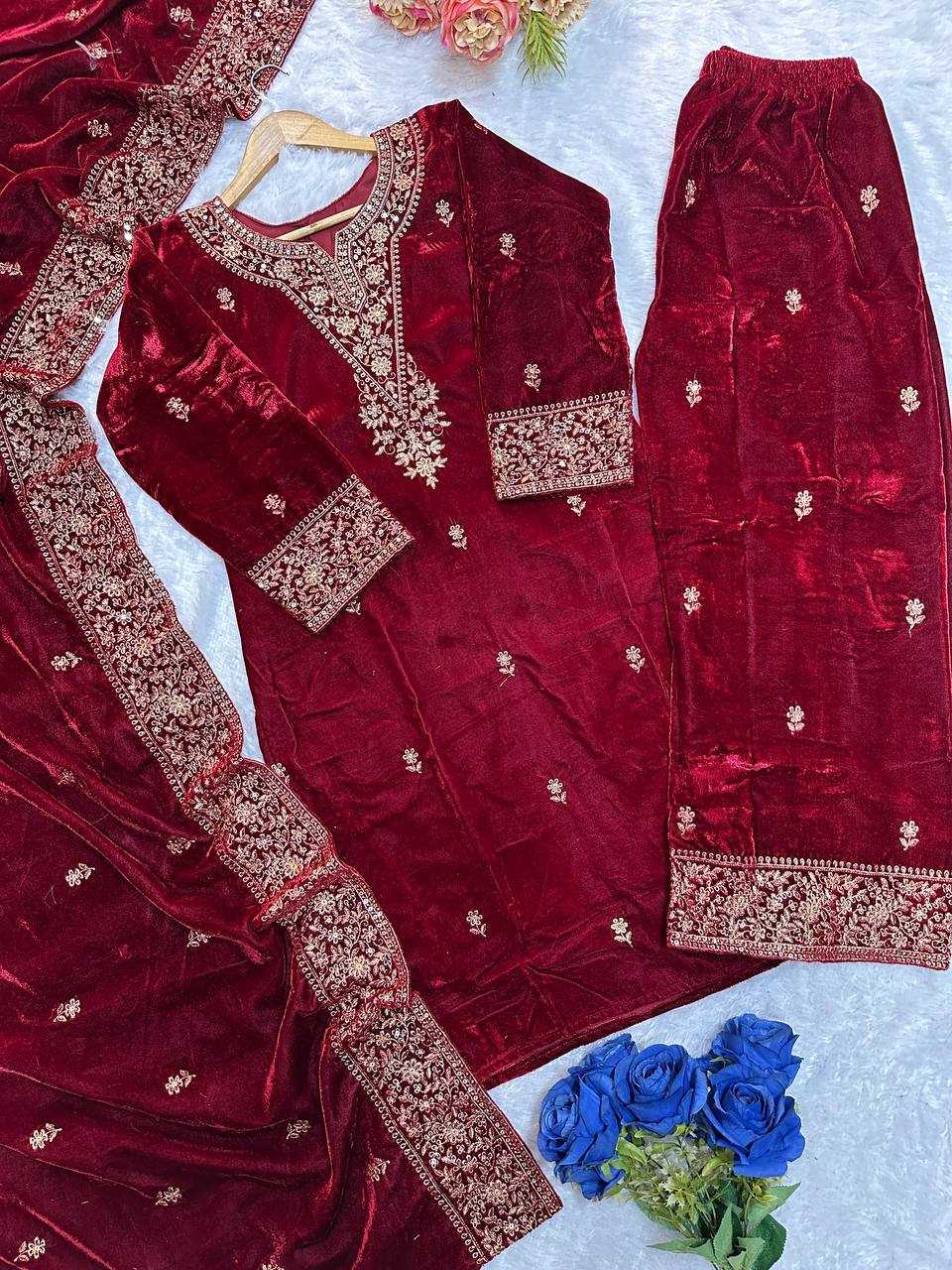 YNF VELVET KESH147 235 SUITS & DRESSES WHOLESALE EMBROIDERED PARTY WEAR VELVET SUITS MANUFACTURER - Deevit International