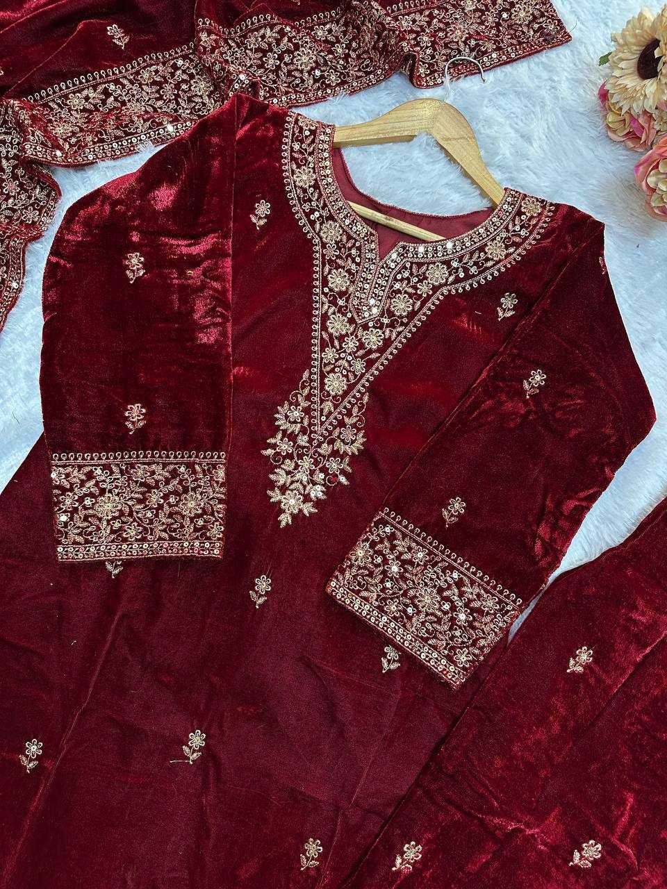 YNF VELVET KESH147 235 SUITS & DRESSES WHOLESALE EMBROIDERED PARTY WEAR VELVET SUITS MANUFACTURER - Deevit International