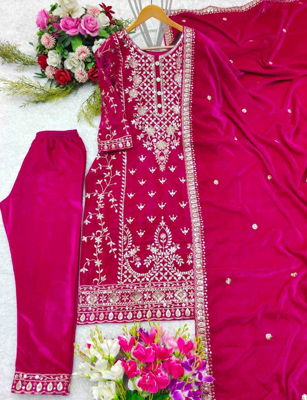 YNF VELVET KESH156 1136 SUITS & DRESSES WHOLESALE EMBROPIDERY VELVET WEDDING PINK SUITS MANUFACTURE - Deevit International