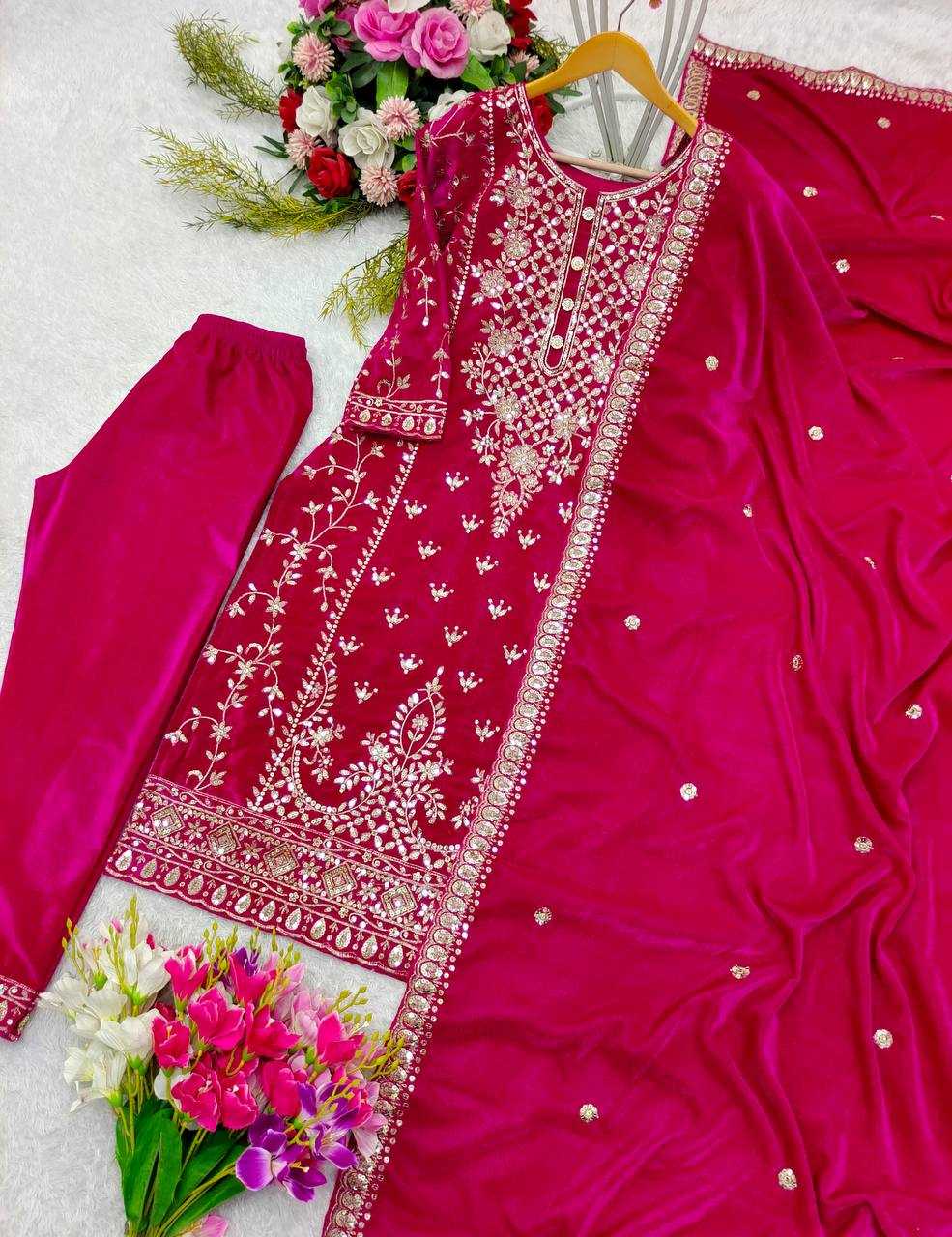 YNF VELVET KESH156 1136 SUITS & DRESSES WHOLESALE EMBROPIDERY VELVET WEDDING PINK SUITS MANUFACTURE - Deevit International