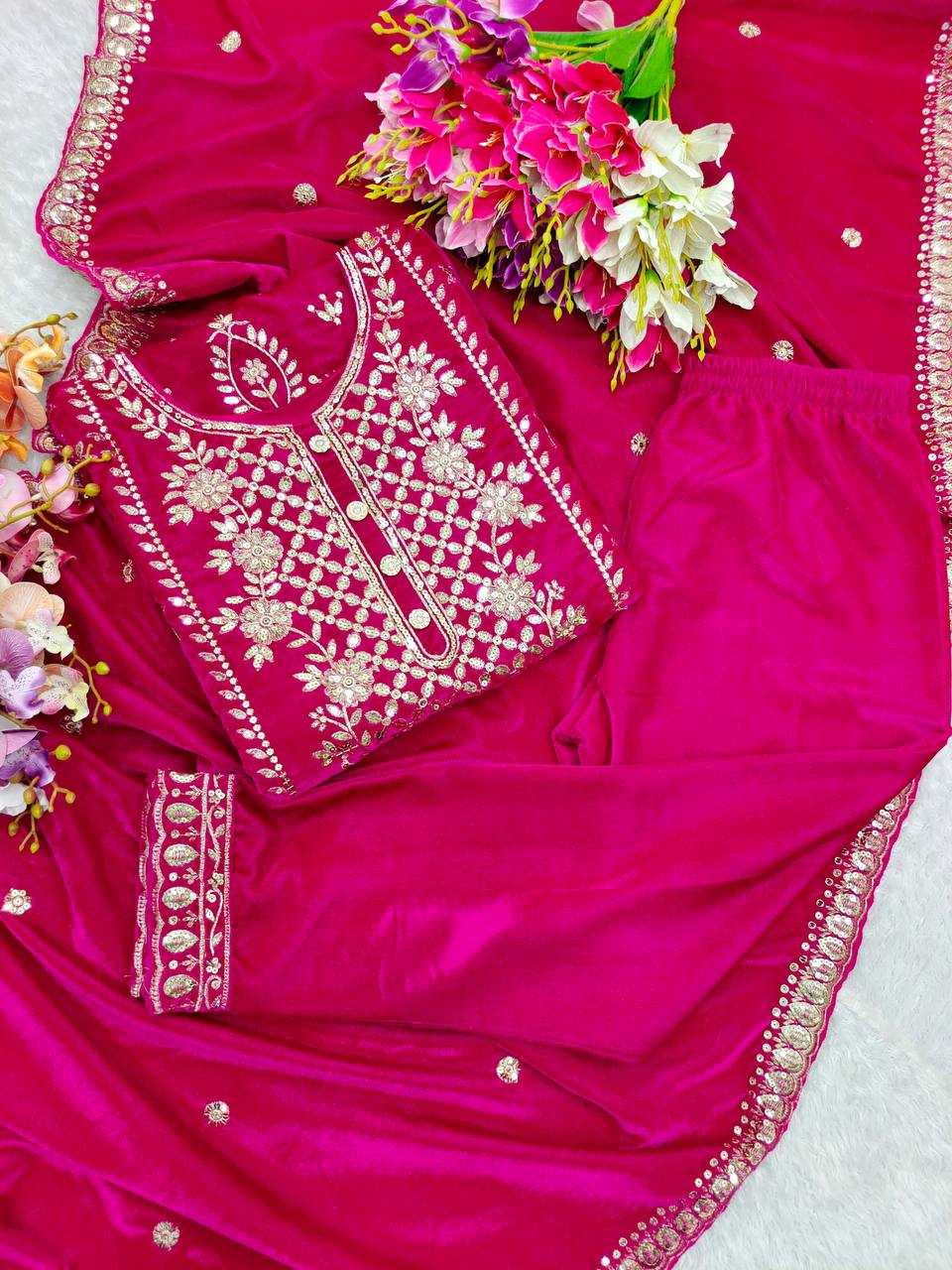 YNF VELVET KESH156 1136 SUITS & DRESSES WHOLESALE EMBROPIDERY VELVET WEDDING PINK SUITS MANUFACTURE - Deevit International