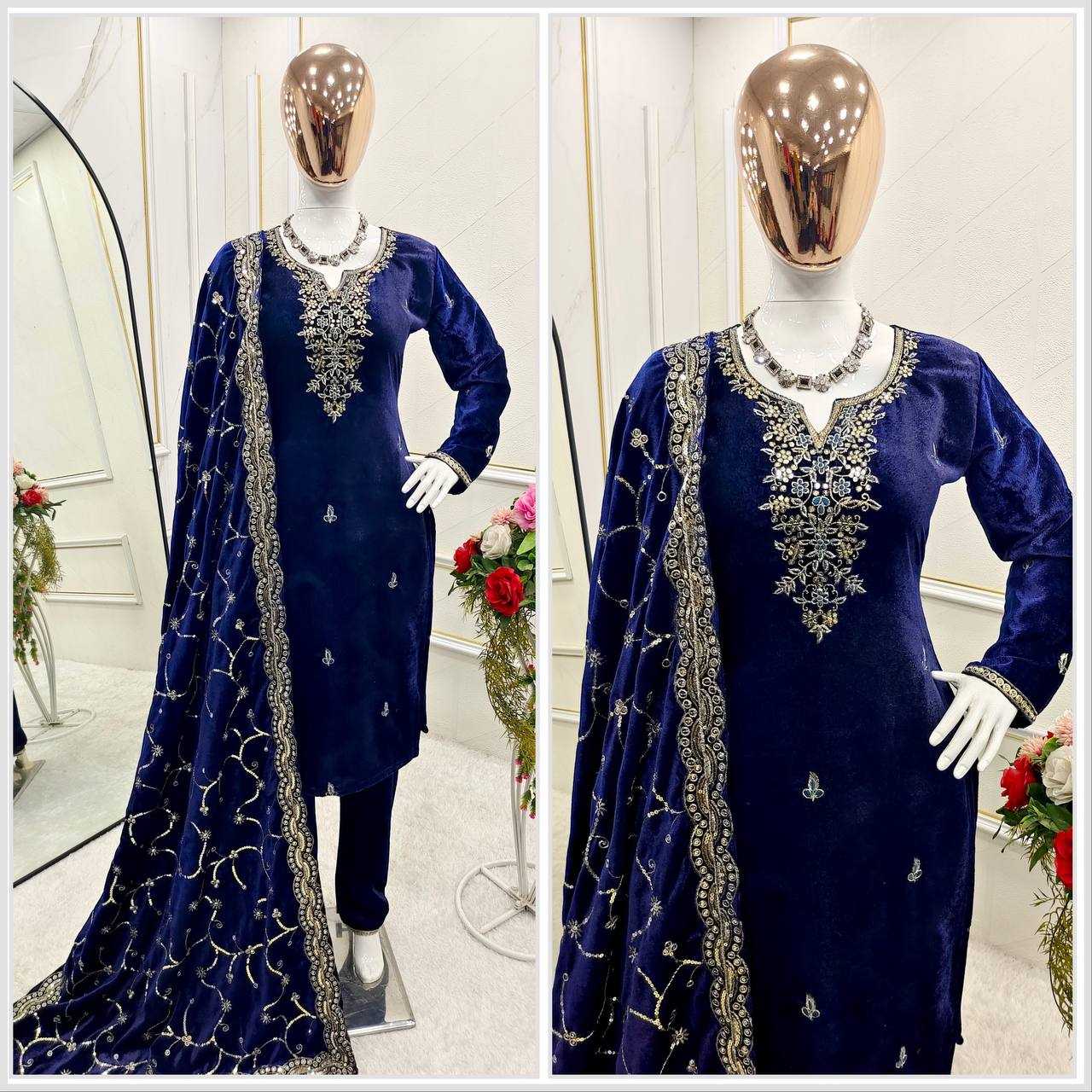 YNF VELVET KESH156 1140 SUITS & DRESSES WHOLESALE EMBROIDERY VELVET PARTY WEAR BLUE SALWAR SUITS MANUFACTURE - Deevit International