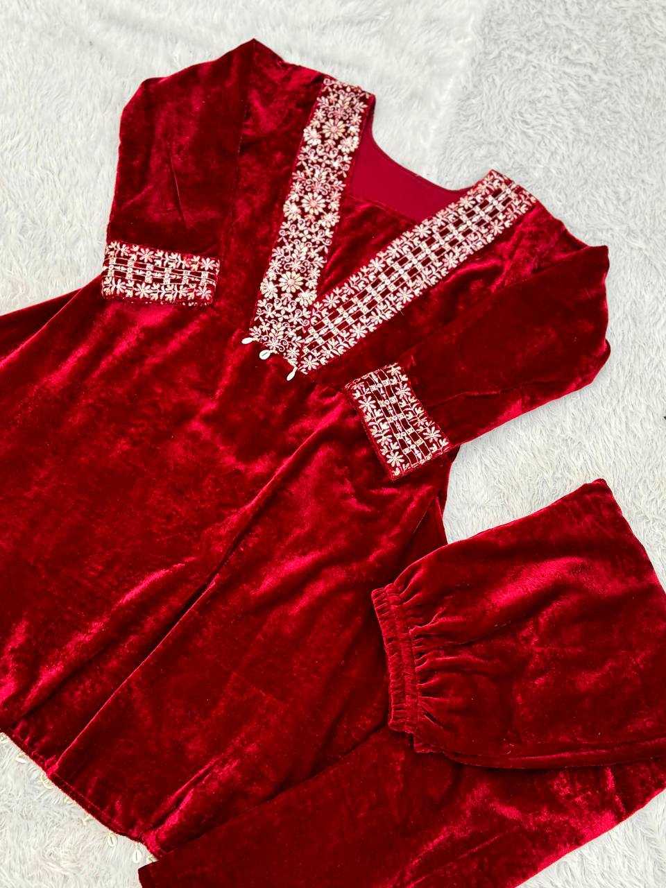 YNF VELVET KESH228 571 KURTIS WHOLESALE FESTIVE KURTI WITH BOTTOM EMBROIDERED EMBROIDERED V NECK RED KURTIS MANUFACTURER - Deevit International