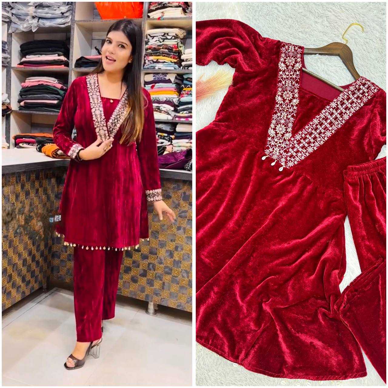 YNF VELVET KESH228 571 KURTIS WHOLESALE FESTIVE KURTI WITH BOTTOM EMBROIDERED EMBROIDERED V NECK RED KURTIS MANUFACTURER - Deevit International