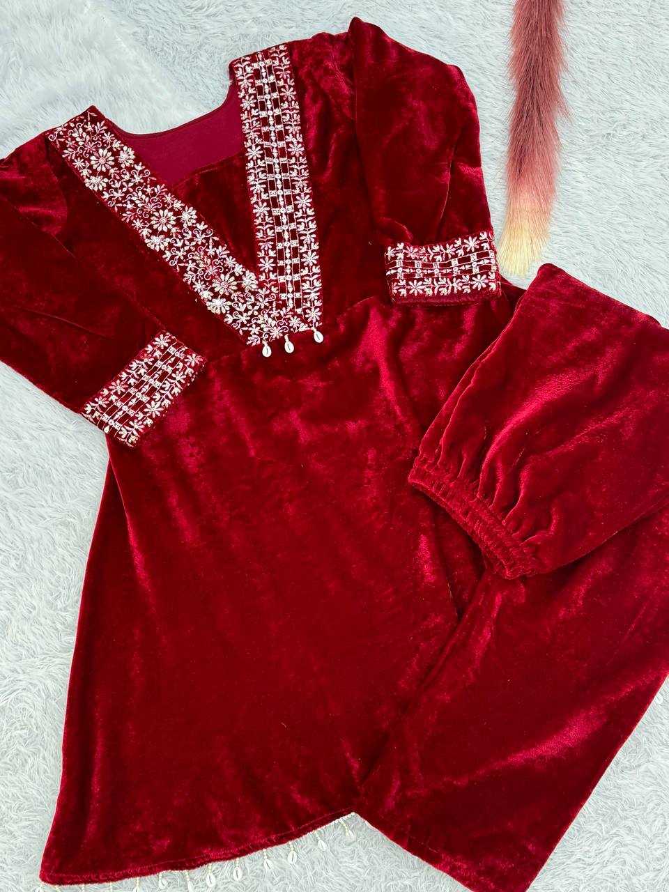 YNF VELVET KESH228 571 KURTIS WHOLESALE FESTIVE KURTI WITH BOTTOM EMBROIDERED EMBROIDERED V NECK RED KURTIS MANUFACTURER - Deevit International