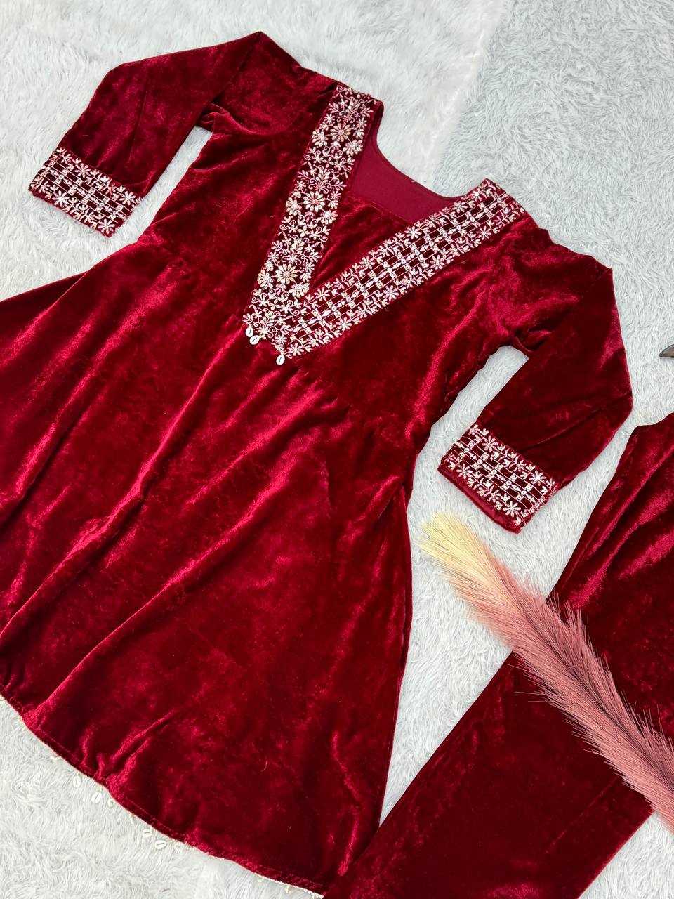 YNF VELVET KESH228 571 KURTIS WHOLESALE FESTIVE KURTI WITH BOTTOM EMBROIDERED EMBROIDERED V NECK RED KURTIS MANUFACTURER - Deevit International