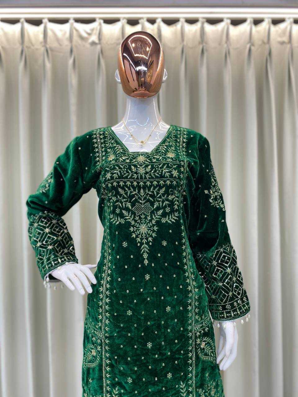 YNF VELVET RIN110 285 SUITS & DRESSES WHOLESALE EMBROIDEREY PARTY WEAR GREEN SALWAR VELVET SUITS MANUFACTURE - Deevit International