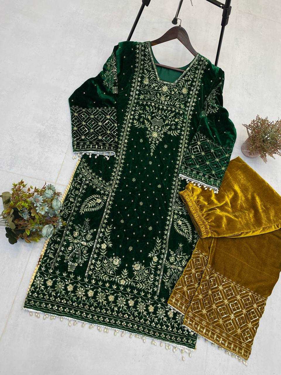 YNF VELVET RIN110 285 SUITS & DRESSES WHOLESALE EMBROIDEREY PARTY WEAR GREEN SALWAR VELVET SUITS MANUFACTURE - Deevit International