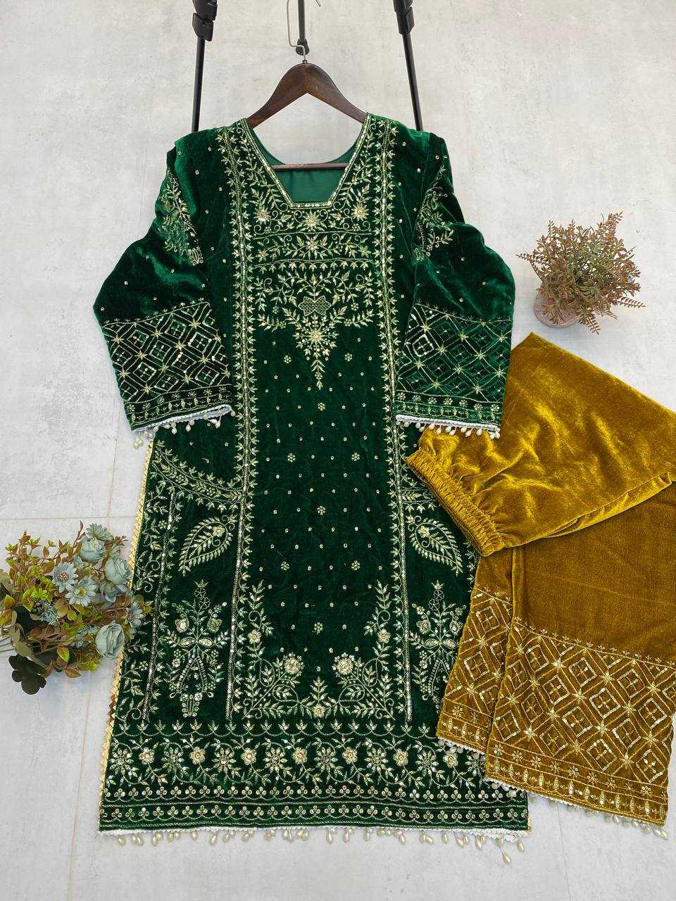 YNF VELVET RIN110 285 SUITS & DRESSES WHOLESALE EMBROIDEREY PARTY WEAR GREEN SALWAR VELVET SUITS MANUFACTURE - Deevit International