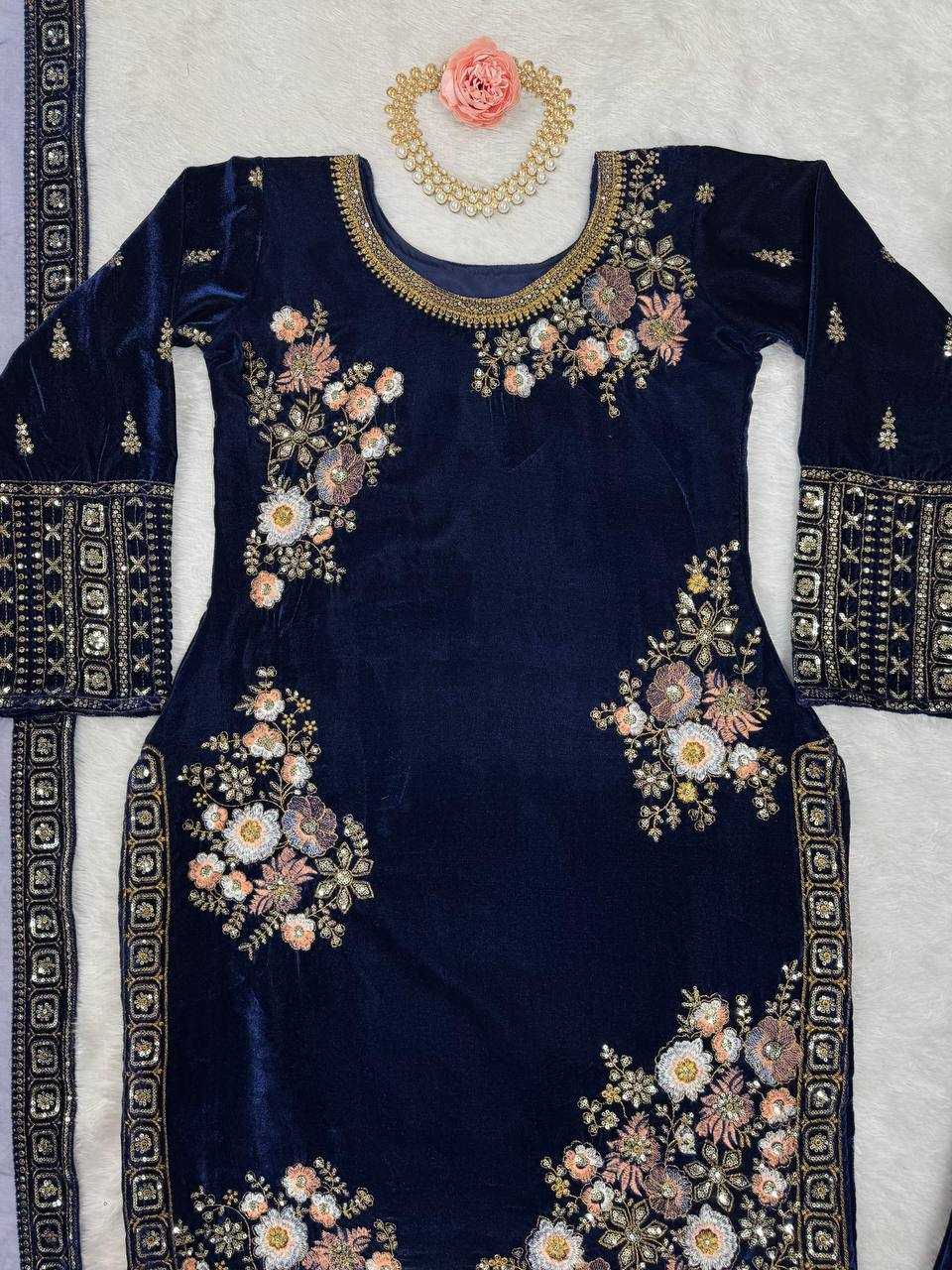 YNF VELVET RIN133 1488 SUITS & DRESSES WHOLESALE BLUE SALWAR EMBROIDERED PARTY WEAR VELVET SUITS MANUFACTURER - Deevit International