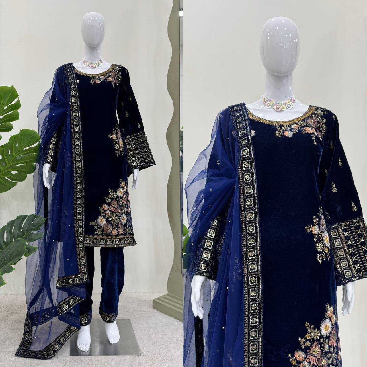 YNF VELVET RIN133 1488 SUITS & DRESSES WHOLESALE BLUE SALWAR EMBROIDERED PARTY WEAR VELVET SUITS MANUFACTURER - Deevit International