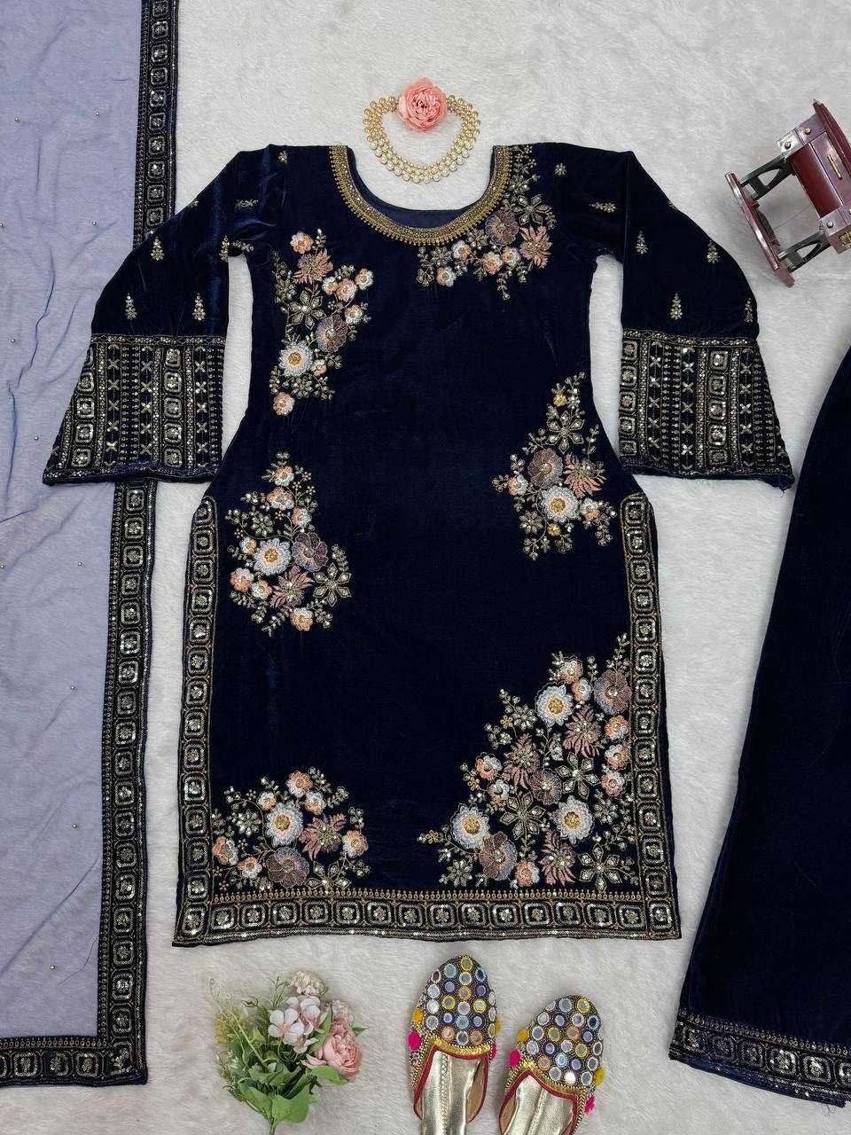 YNF VELVET RIN133 1488 SUITS & DRESSES WHOLESALE BLUE SALWAR EMBROIDERED PARTY WEAR VELVET SUITS MANUFACTURER - Deevit International