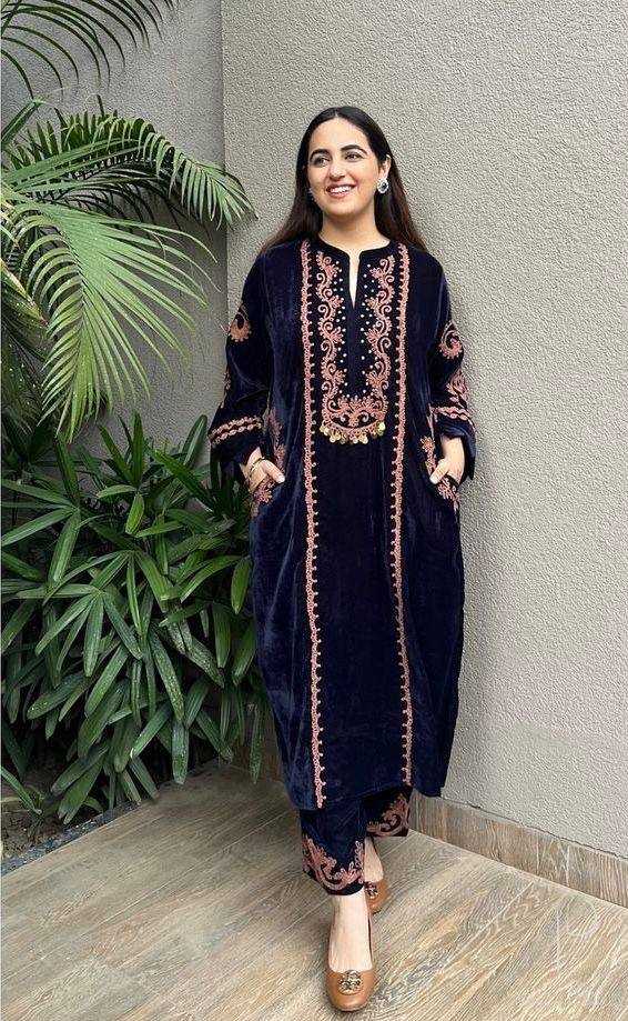 YNF VELVET RIN141 1890 KURTIS WHOLESALE PARTY WEAR KURTI WITH BOTTOM EMBROIDERED BLUE KURTIS MANUFACTURER - Deevit International