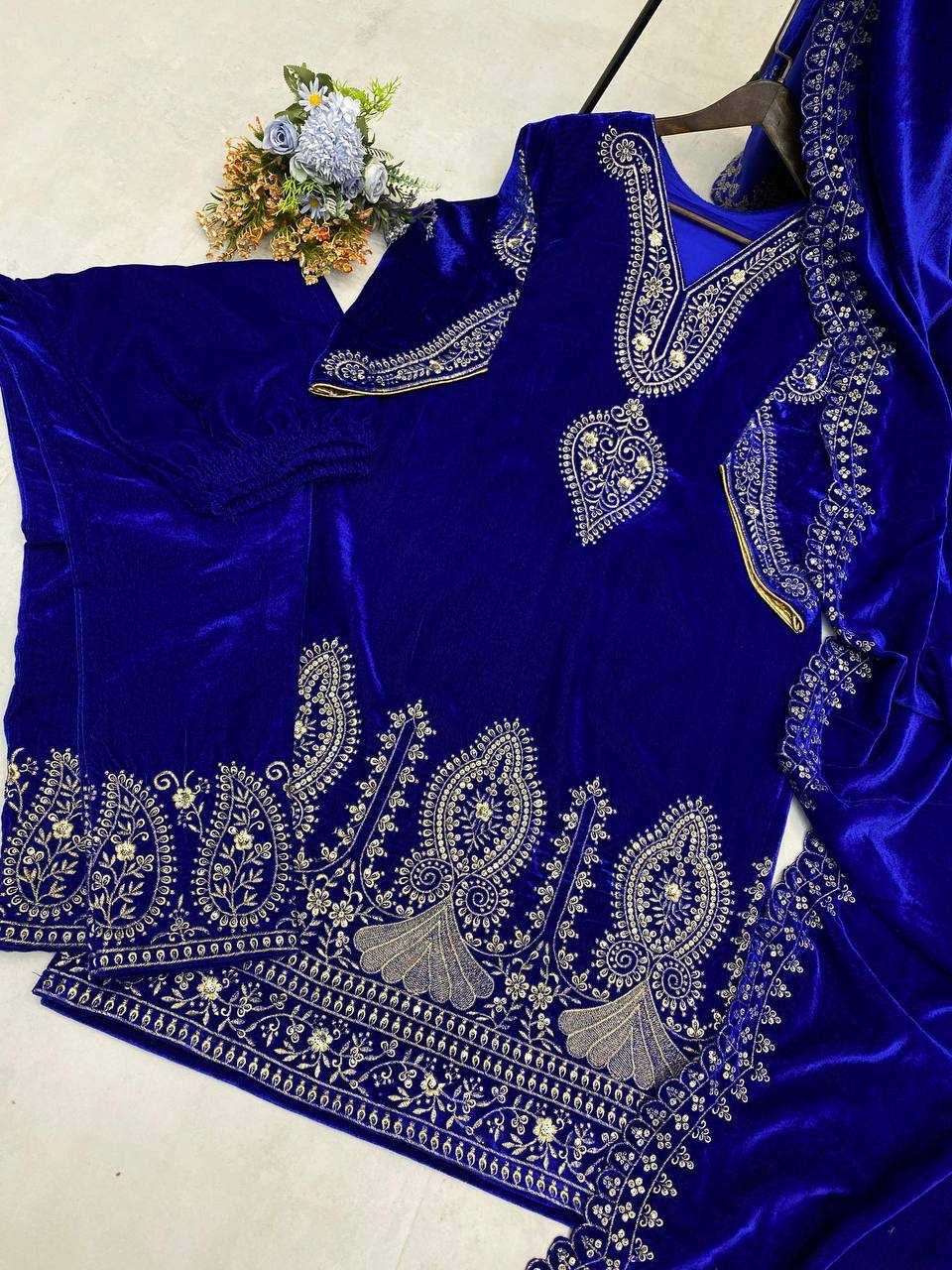 YNF VELVET RIN141 1891 SUITS & DRESSES WHOLESALE EMBROIDERED PARTY WEAR VELVET SUITS MANUFACTURER - Deevit International