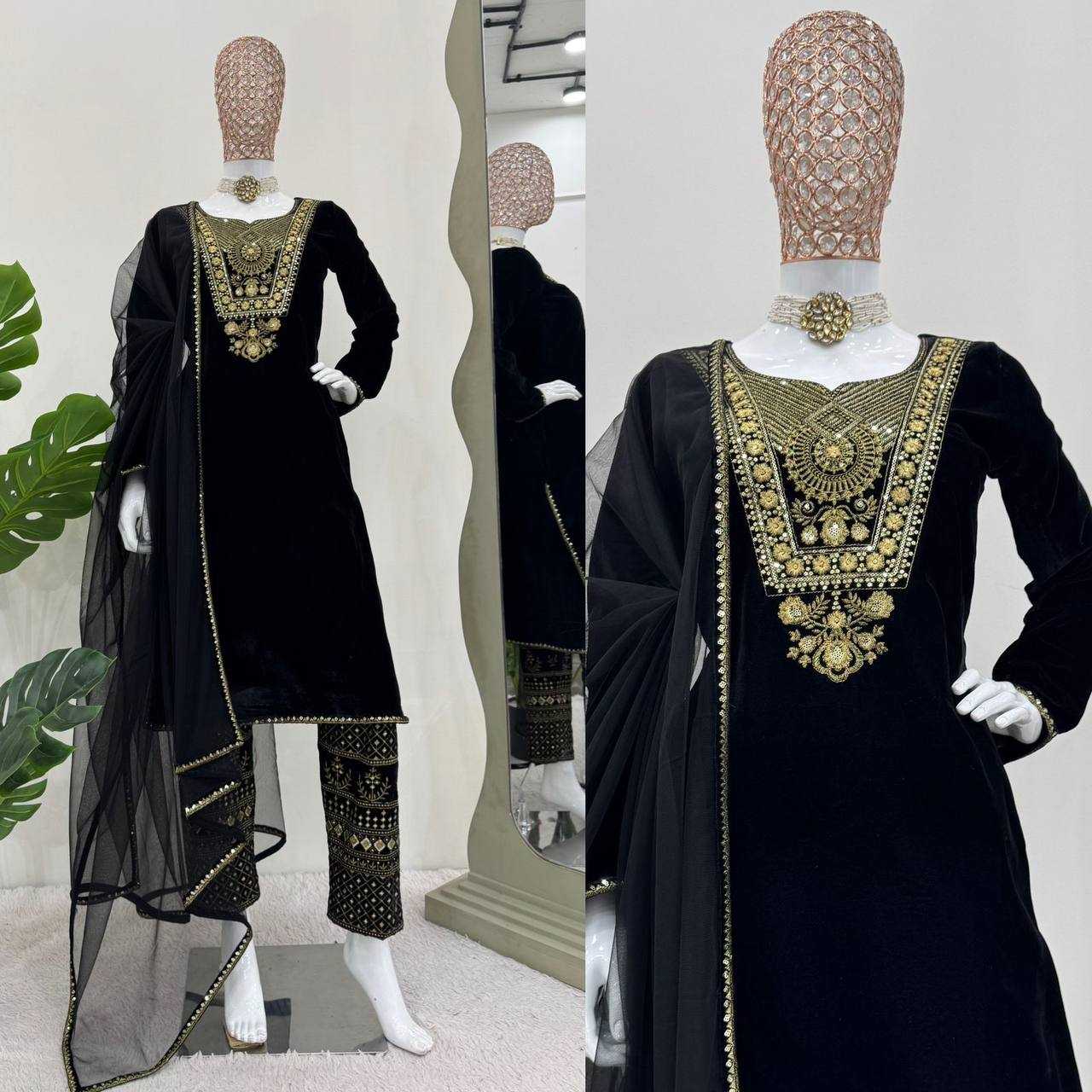 YNF VELVET RIN169 5775 SUITS & DRESSES WHOLESALE EMBROPIDERY VELVET PARTY WEAR BLACK SUITS MANUFACTURE - Deevit International