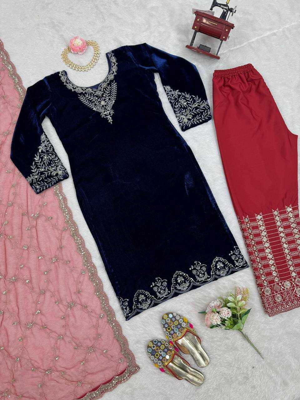 YNF VELVET RIN169 5777 SUITS & DRESSES WHOLESALE PARTY WEAR EMBROIDEREY BLUE SALWAR VELVET SUITS MANUFACTURE - Deevit International