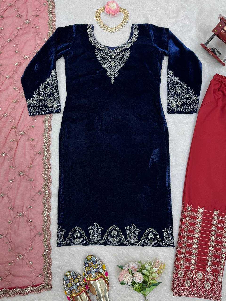 YNF VELVET RIN169 5777 SUITS & DRESSES WHOLESALE PARTY WEAR EMBROIDEREY BLUE SALWAR VELVET SUITS MANUFACTURE - Deevit International