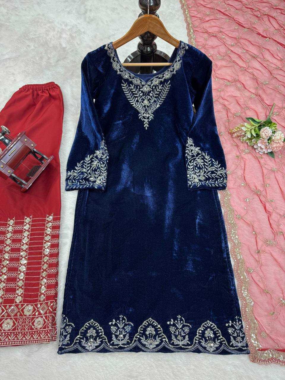 YNF VELVET RIN169 5777 SUITS & DRESSES WHOLESALE PARTY WEAR EMBROIDEREY BLUE SALWAR VELVET SUITS MANUFACTURE - Deevit International