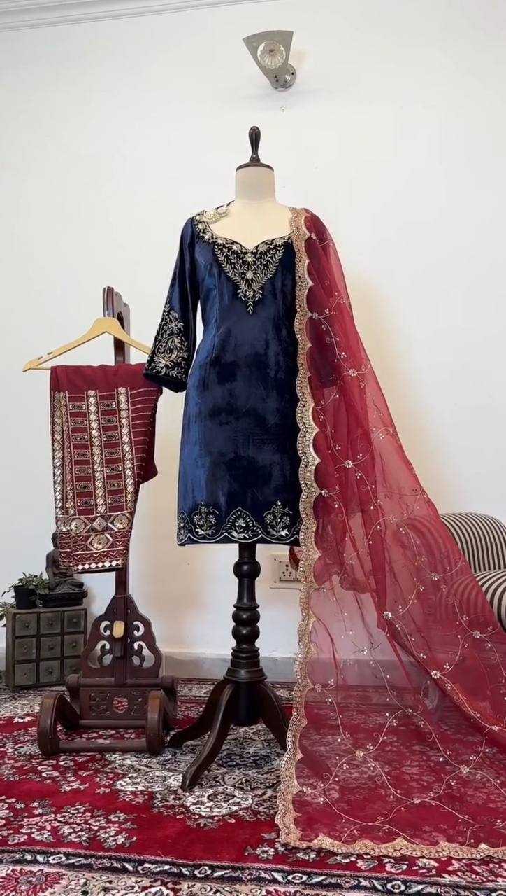 YNF VELVET RIN169 5777 SUITS & DRESSES WHOLESALE PARTY WEAR EMBROIDEREY BLUE SALWAR VELVET SUITS MANUFACTURE - Deevit International