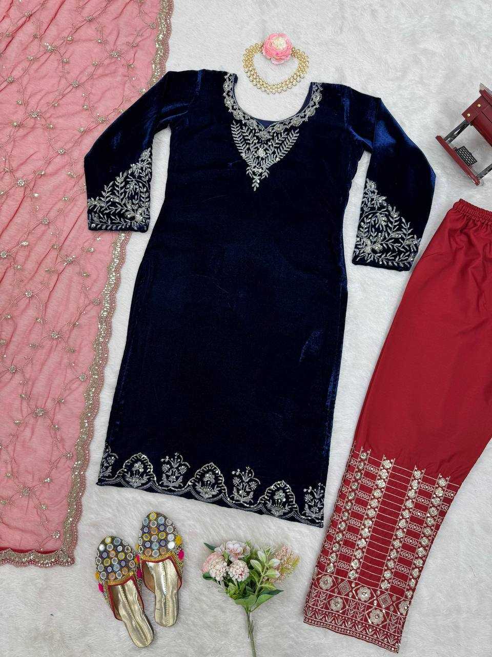 YNF VELVET RIN169 5777 SUITS & DRESSES WHOLESALE PARTY WEAR EMBROIDEREY BLUE SALWAR VELVET SUITS MANUFACTURE - Deevit International