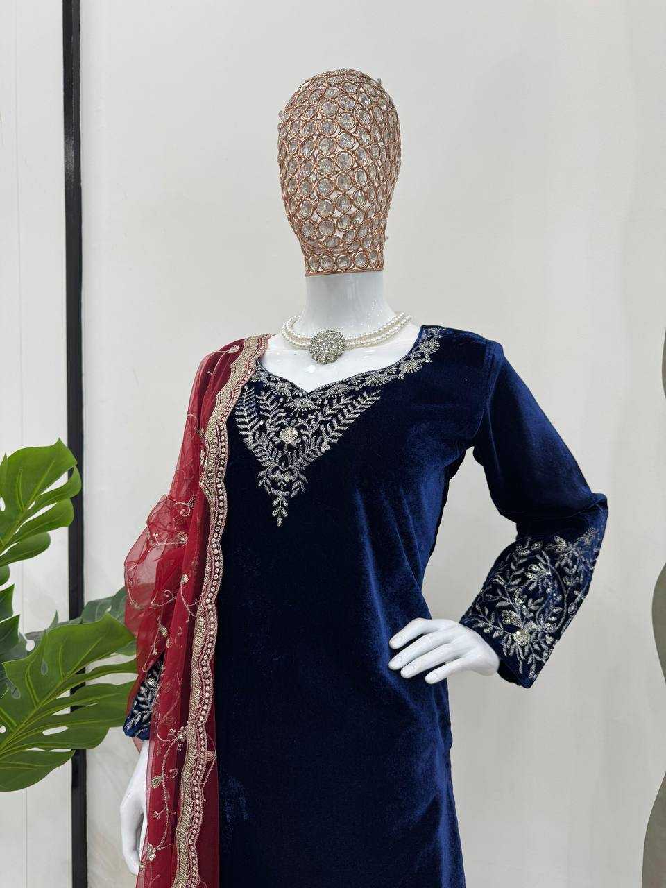 YNF VELVET RIN169 5777 SUITS & DRESSES WHOLESALE PARTY WEAR EMBROIDEREY BLUE SALWAR VELVET SUITS MANUFACTURE - Deevit International