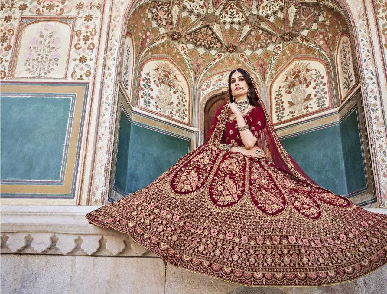 YNF VELVET RIN195 BRIDAL LOOK 2089 LEHENGAS WHOLESALE BRIDAL EMBROIDERED DESIGNER VELVET ZARI WORK LEHENGAS MANUFACTURER - Deevit International