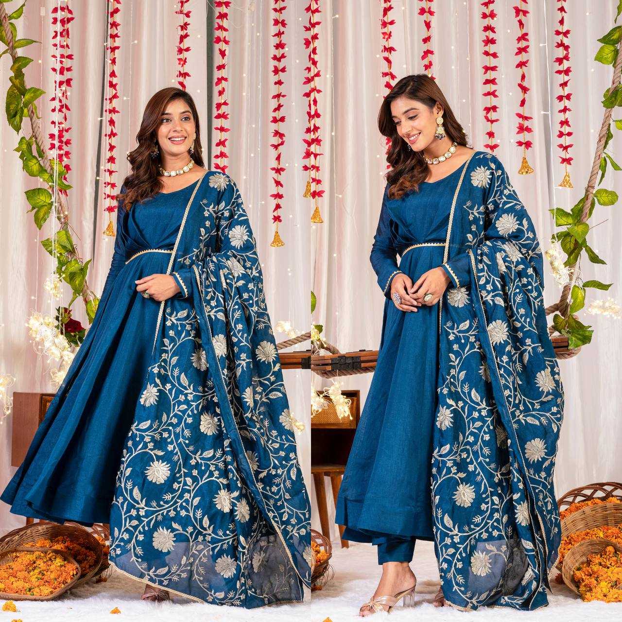 YNF VICHITRA SILK KESH144 1230 GOWNS WHOLESALE ANARKALI SILK FULL SLEEVE BLUE GOWNS MANUFACTURER - Deevit International