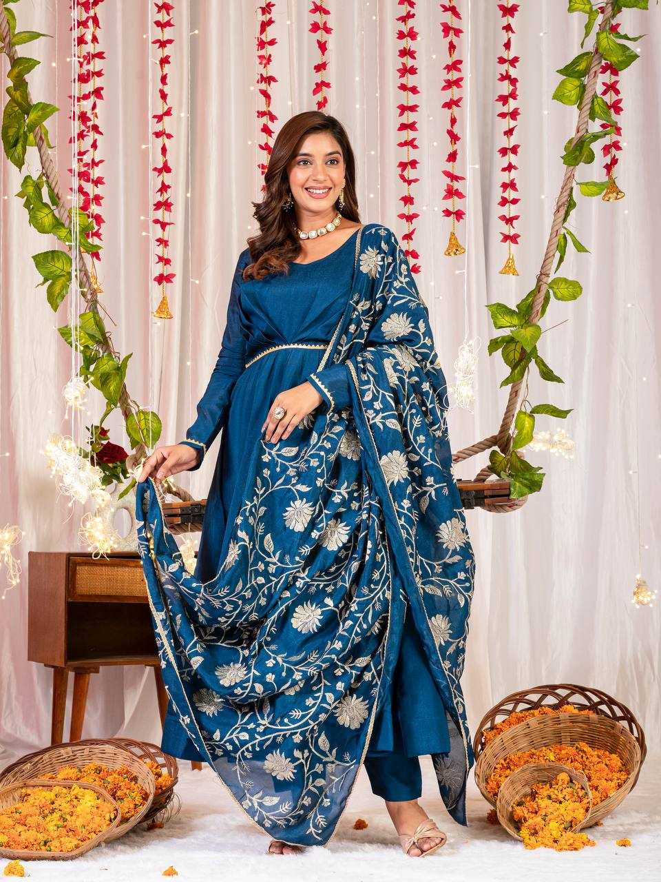 YNF VICHITRA SILK KESH144 1230 GOWNS WHOLESALE ANARKALI SILK FULL SLEEVE BLUE GOWNS MANUFACTURER - Deevit International