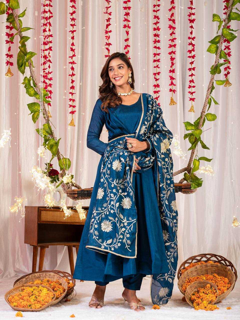 YNF VICHITRA SILK KESH144 1230 GOWNS WHOLESALE ANARKALI SILK FULL SLEEVE BLUE GOWNS MANUFACTURER - Deevit International