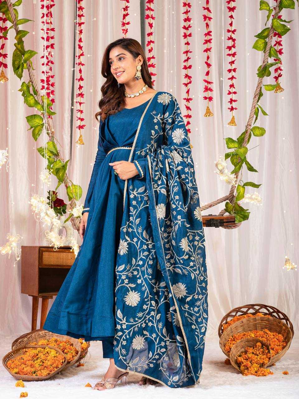 YNF VICHITRA SILK KESH144 1230 GOWNS WHOLESALE ANARKALI SILK FULL SLEEVE BLUE GOWNS MANUFACTURER - Deevit International