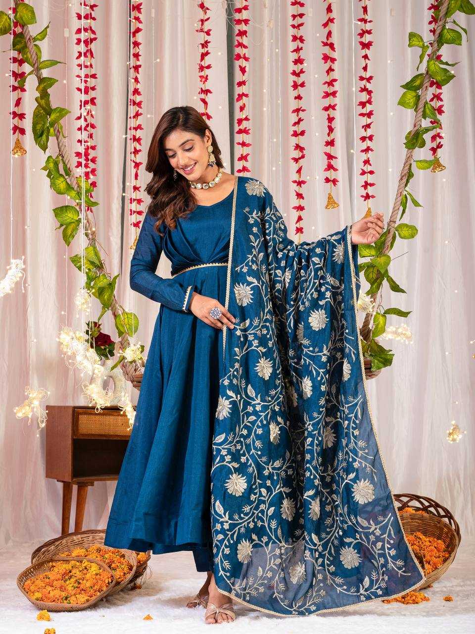 YNF VICHITRA SILK KESH144 1230 GOWNS WHOLESALE ANARKALI SILK FULL SLEEVE BLUE GOWNS MANUFACTURER - Deevit International