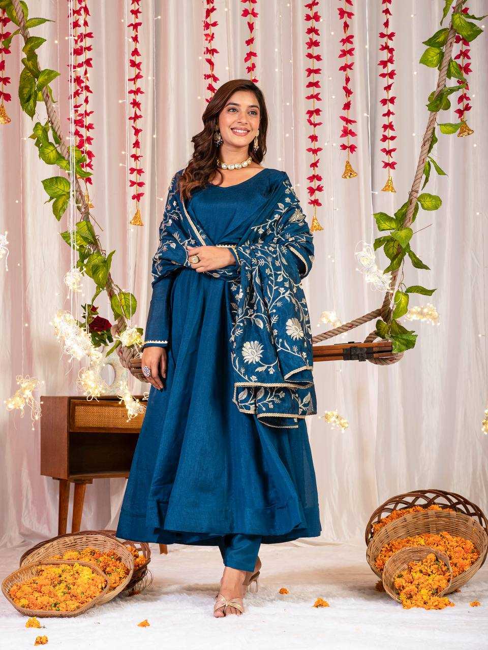 YNF VICHITRA SILK KESH144 1230 GOWNS WHOLESALE ANARKALI SILK FULL SLEEVE BLUE GOWNS MANUFACTURER - Deevit International