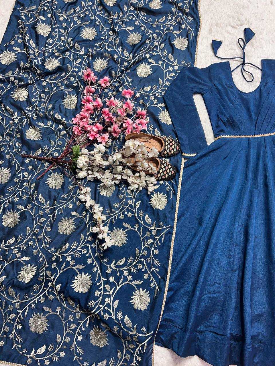 YNF VICHITRA SILK KESH144 1230 GOWNS WHOLESALE ANARKALI SILK FULL SLEEVE BLUE GOWNS MANUFACTURER - Deevit International