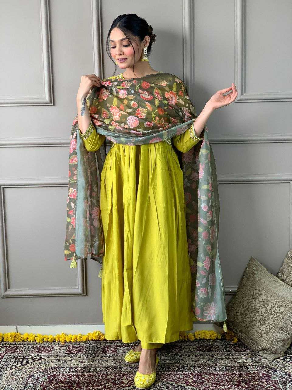 YNF VISCOSE CHANDERI KESH214 276 SUITS & DRESSES WHOLESALE ALIA CUT CHANDERI HALDI OUTFITS SUITS MANUFACTURE - Deevit International