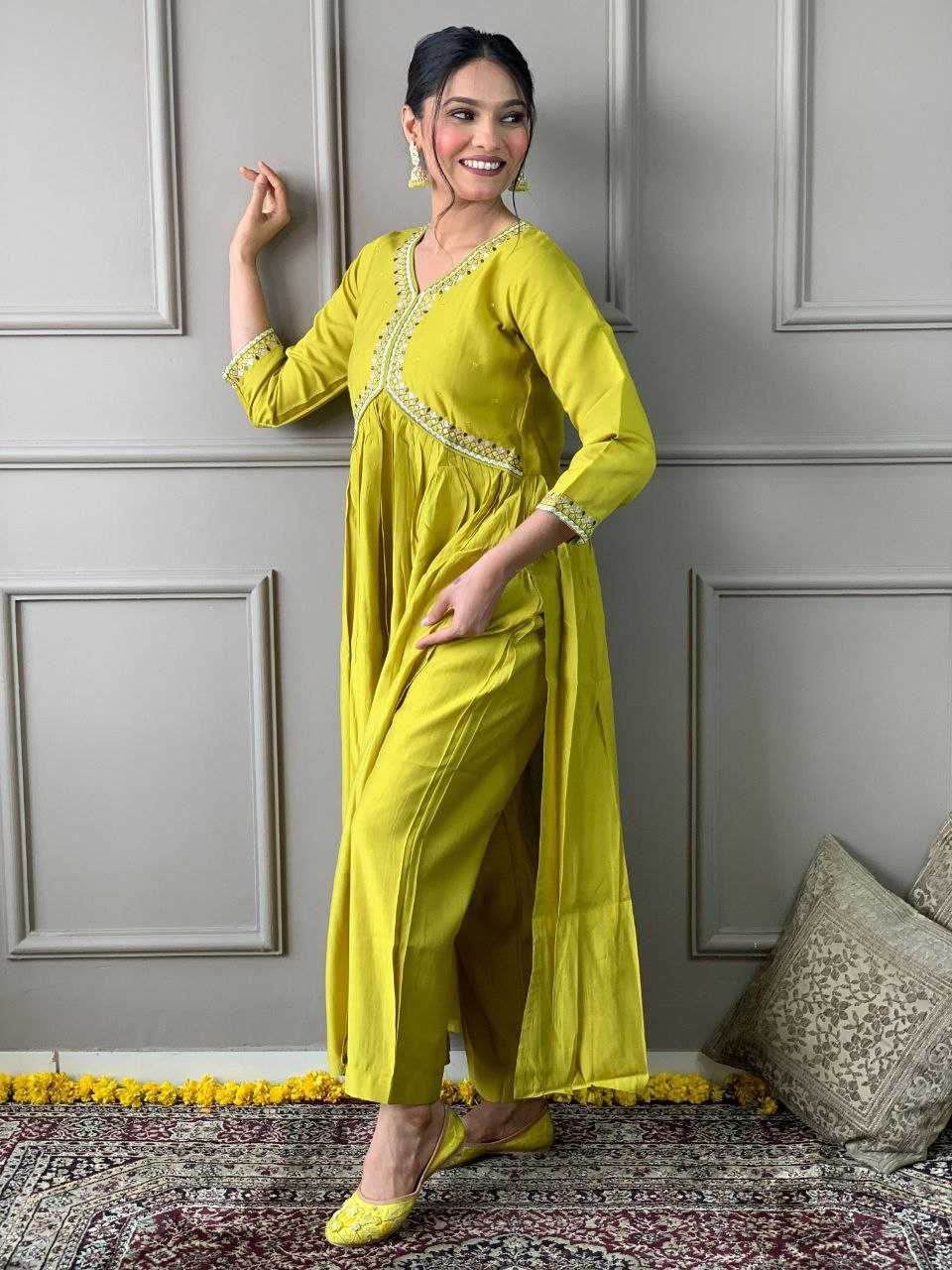 YNF VISCOSE CHANDERI KESH214 276 SUITS & DRESSES WHOLESALE ALIA CUT CHANDERI HALDI OUTFITS SUITS MANUFACTURE - Deevit International