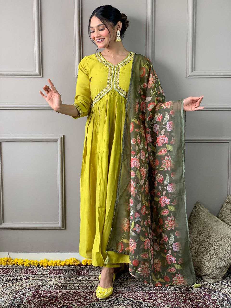 YNF VISCOSE CHANDERI KESH214 276 SUITS & DRESSES WHOLESALE ALIA CUT CHANDERI HALDI OUTFITS SUITS MANUFACTURE - Deevit International