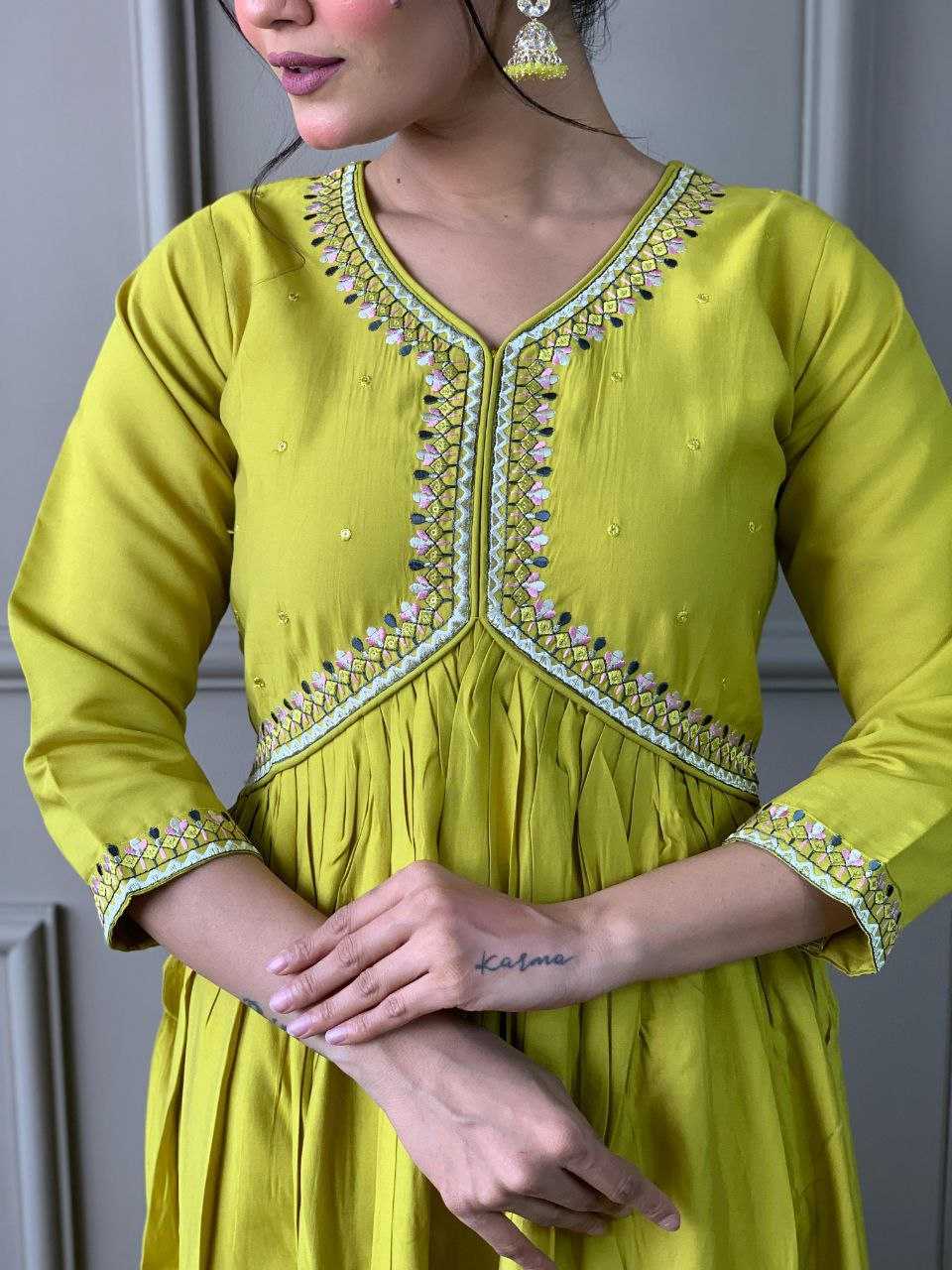 YNF VISCOSE CHANDERI KESH214 276 SUITS & DRESSES WHOLESALE ALIA CUT CHANDERI HALDI OUTFITS SUITS MANUFACTURE - Deevit International