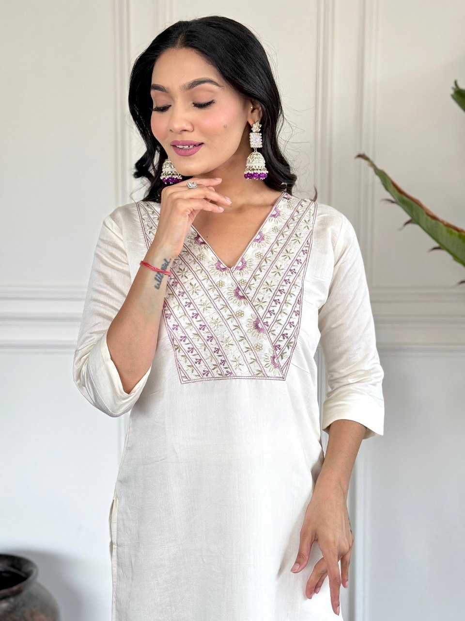 YNF VISCOSE CHANDERI KESH242 VICTORIYA SUITS & DRESSES WHOLESALE EMBROIDERY CHANDERI LONG KURTI WHITE SALWAR SUITS MANUFACTURE - Deevit International