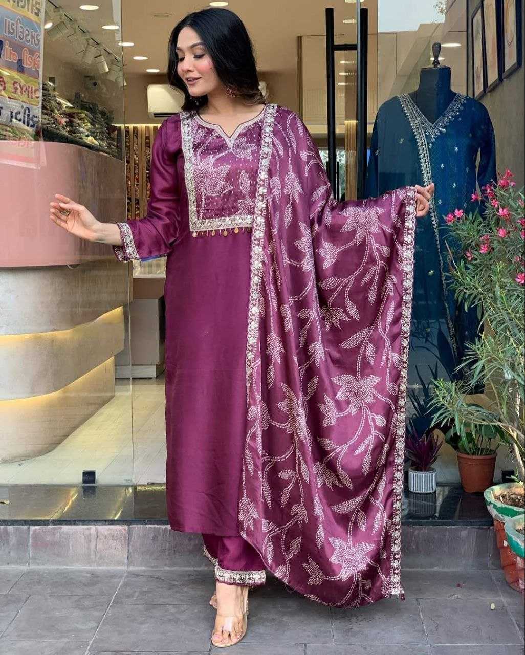 YNF VISCOSE CHANDERI RIN174 JINIVA SUITS & DRESSES WEDDING CHANDERI LONG KURTI SUITS MANUFACTUR - Deevit International