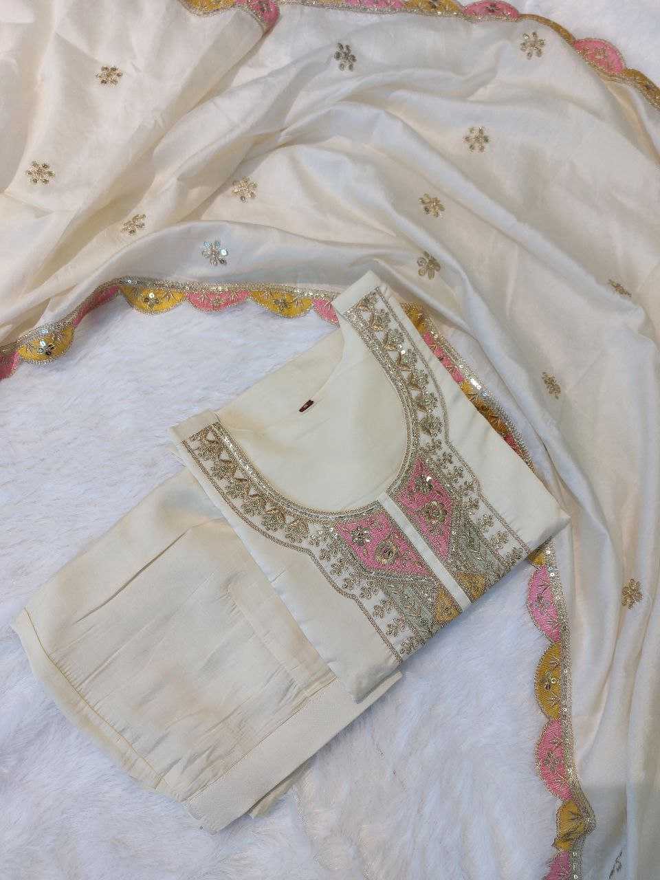 YNF VISCOSE CHANDERI RIN201 RRD41 SUITS & DRESSES WHOLESALE EMBROIDERY WEDDING CHNADERI WHITE SUITS MANUFACTURE - Deevit International