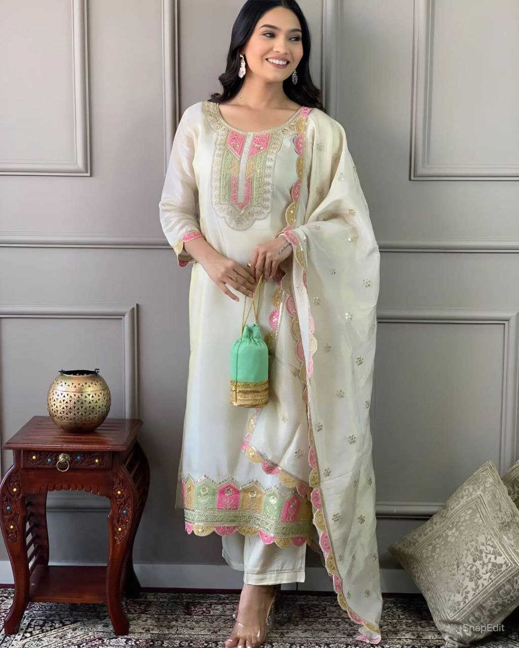 YNF VISCOSE CHANDERI RIN201 RRD41 SUITS & DRESSES WHOLESALE EMBROIDERY WEDDING CHNADERI WHITE SUITS MANUFACTURE - Deevit International